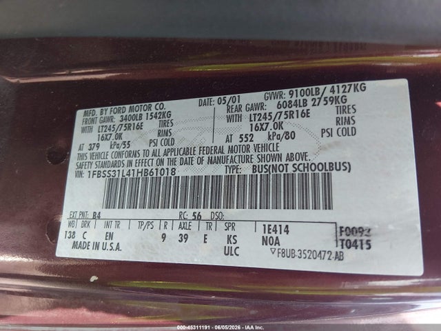 Aukcja sprzedaży 2001 Ford E-350 Super Duty Xl/xlt, vin: 1FBSS31L41HB61018, numer aukcji: 45311191