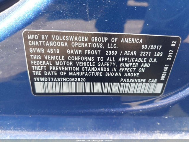 Aukcja sprzedaży 2017 Volkswagen Passat 1.8t R-line, vin: 1VWDT7A37HC063520, numer aukcji: 45311214