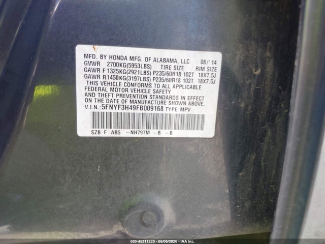 Honda Pilot Ex 2015 5FNYF3H49FB009168 Image 9