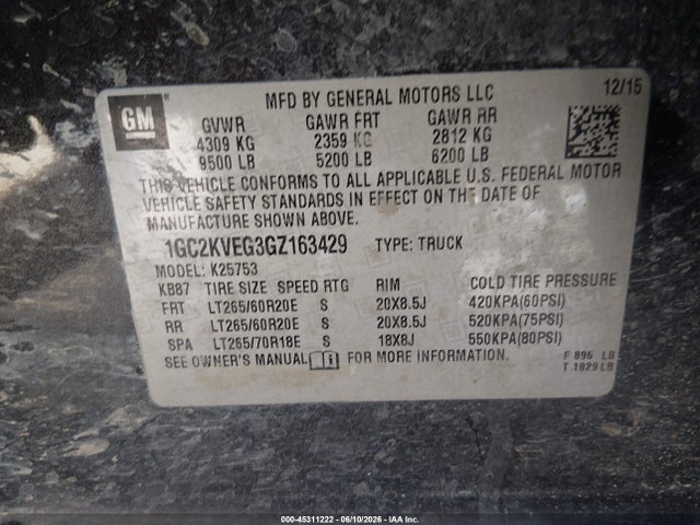 2016 Chevrolet Silverado 2500hd Lt მანქანა იყიდება აუქციონზე, vin: 1GC2KVEG3GZ163429, აუქციონის ნომერი: 45311222