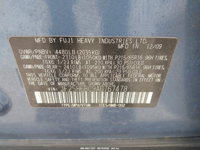 Продаж на аукціоні авто 2010 Subaru Forester 2.5x, vin: JF2SH6BC9AG767478, номер лоту: 45311227