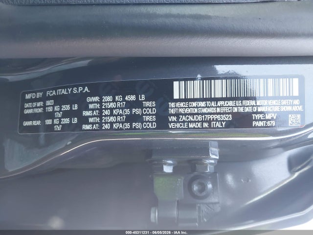 Aukcja sprzedaży 2023 Jeep Renegade Latitude 4x4, vin: ZACNJDB17PPP63523, numer aukcji: 45311231