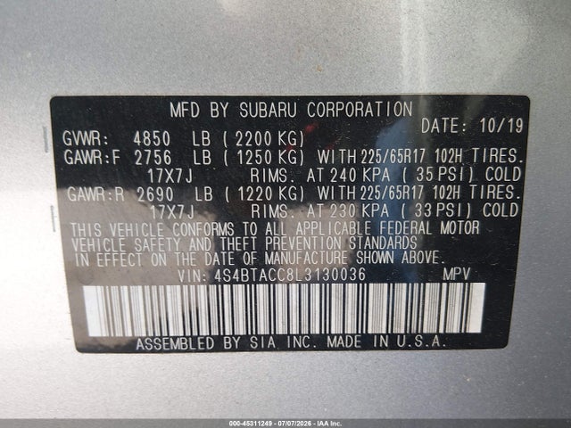 45311249 :رقم المزاد ، 4S4BTACC8L3130036 vin ، 2020 Subaru Outback Premium مزاد بيع