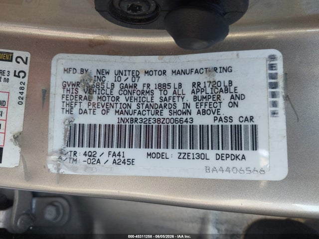 2008 Toyota Corolla Ce მანქანა იყიდება აუქციონზე, vin: 1NXBR32E38Z006643, აუქციონის ნომერი: 45311258