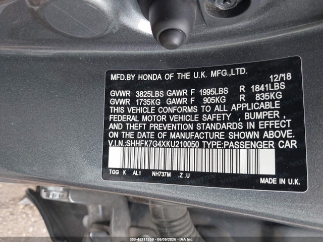 Aukcja sprzedaży 2019 Honda Civic Sport, vin: SHHFK7G4XKU210050, numer aukcji: 45311259