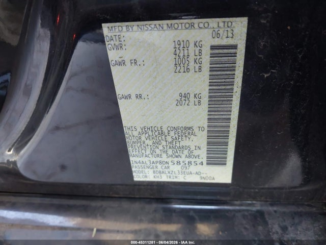 Продаж на аукціоні авто 2013 Nissan Altima 2.5 Sl, vin: 1N4AL3AP8DN585854, номер лоту: 45311281