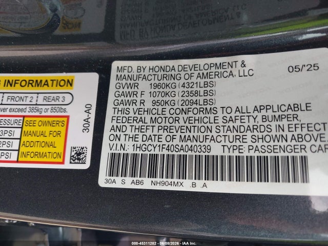 Honda ACCORD SE 2025 1HGCY1F40SA040339 Image 9