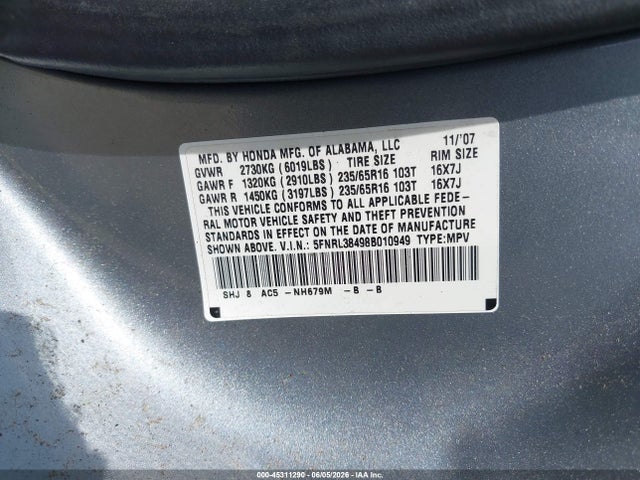 Продажа на аукционе авто 2008 Honda Odyssey Ex, vin: 5FNRL38498B010949, номер лота: 45311290