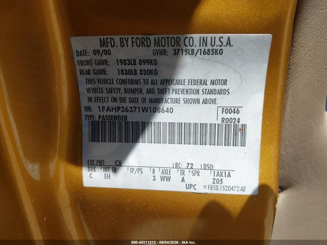 45311313 :رقم المزاد ، 1FAHP36371W108640 vin ، 2001 Ford Focus Se مزاد بيع