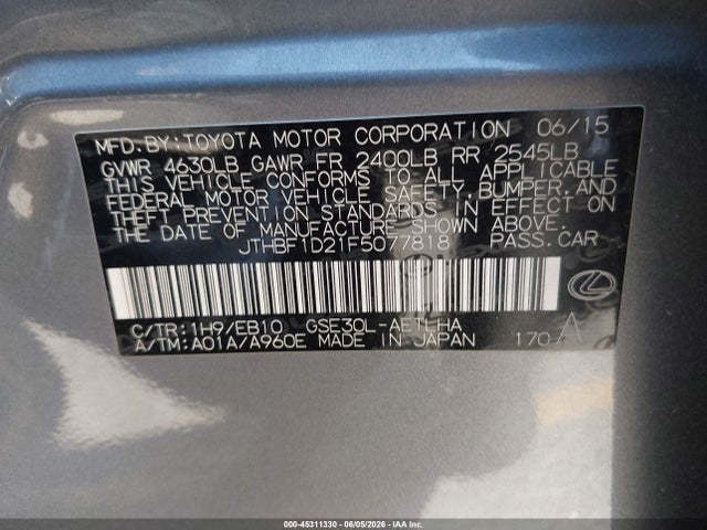 Lexus IS 250 2015 JTHBF1D21F5077818 Image 9