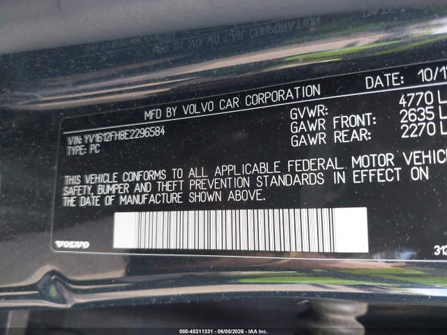45311331 :رقم المزاد ، YV1612FH8E2296584 vin ، 2014 Volvo S60 T5 مزاد بيع