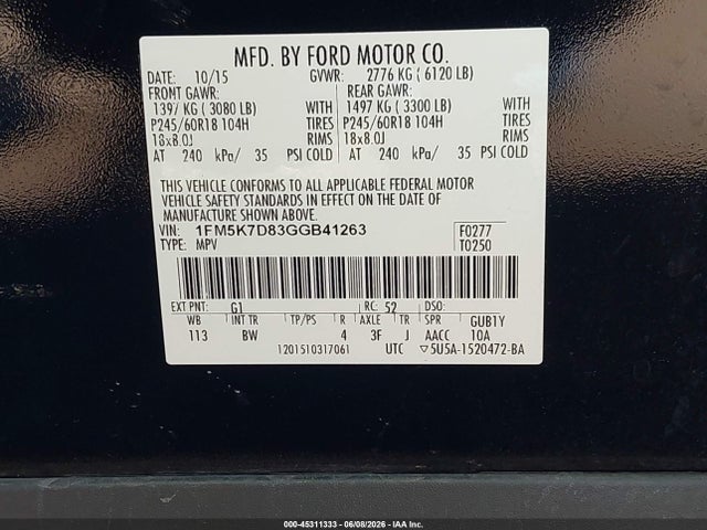 Продаж на аукціоні авто 2016 Ford Explorer Xlt, vin: 1FM5K7D83GGB41263, номер лоту: 45311333
