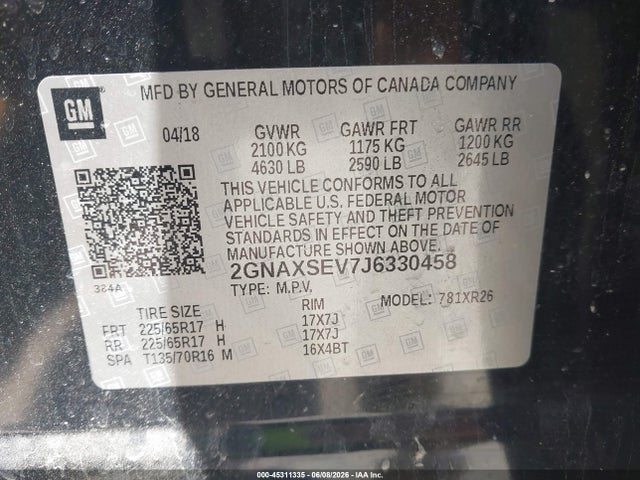 Продаж на аукціоні авто 2018 Chevrolet Equinox Lt, vin: 2GNAXSEV7J6330458, номер лоту: 45311335