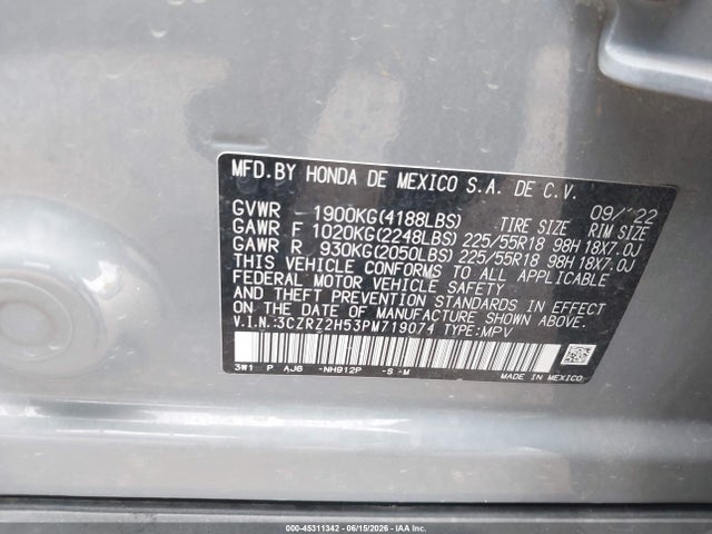 3CZRZ2H53PM719074 Honda Hr-v Awd Sport