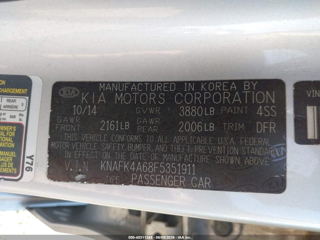 2015 Kia Forte Lx მანქანა იყიდება აუქციონზე, vin: KNAFK4A68F5351911, აუქციონის ნომერი: 45311348