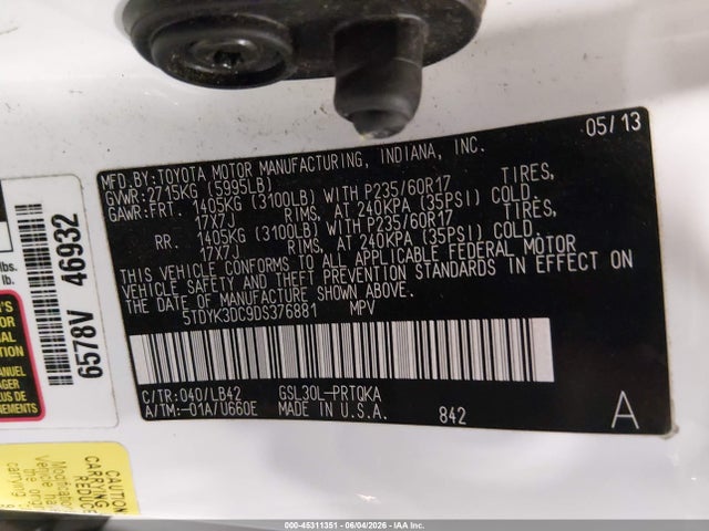 Aukcja sprzedaży 2013 Toyota Sienna Xle V6 8 Passenger, vin: 5TDYK3DC9DS376881, numer aukcji: 45311351