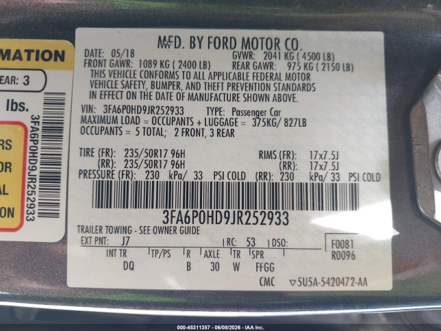 Ford FUSION SE 2018 3FA6P0HD9JR252933 Image 9