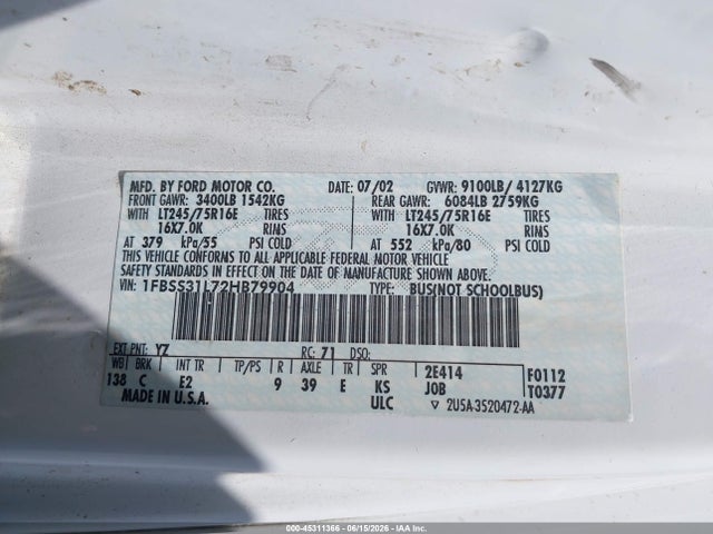 Продажа на аукционе авто 2002 Ford E-350 Super Duty Xl/xlt, vin: 1FBSS31L72HB79904, номер лота: 45311366