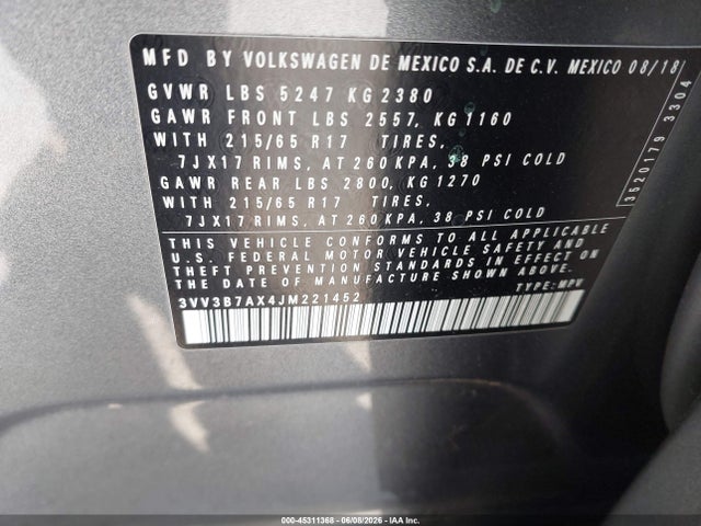 Aukcja sprzedaży 2018 Volkswagen Tiguan 2.0t Se/2.0t Sel, vin: 3VV3B7AX4JM221452, numer aukcji: 45311368