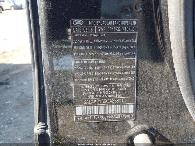 Продажа на аукционе авто 2016 Land Rover Lr4, vin: SALAK2V69GA838015, номер лота: 45311369