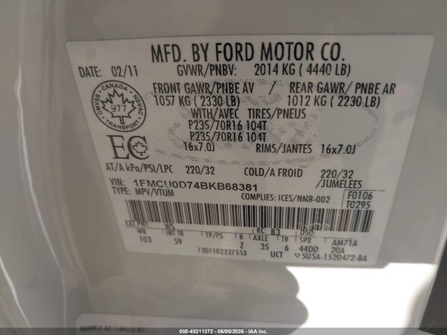 Продажа на аукционе авто 2011 Ford Escape Xlt Automatic, vin: 1FMCU0D74BKB68381, номер лота: 45311372