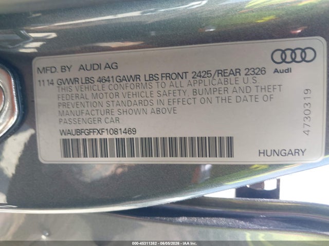 2015 Audi S3 2.0t Premium Plus მანქანა იყიდება აუქციონზე, vin: WAUBFGFFXF1081469, აუქციონის ნომერი: 45311382