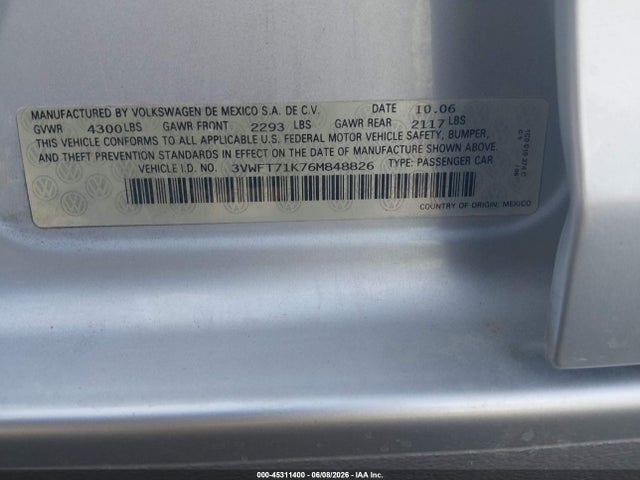 45311400 :رقم المزاد ، 3VWFT71K76M848826 vin ، 2006 Volkswagen Jetta Diesel مزاد بيع