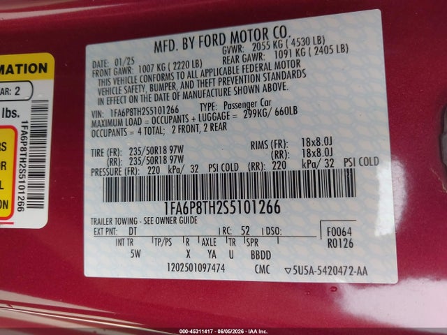 Aukcja sprzedaży 2025 Ford Mustang Ecoboost Premium Fastback, vin: 1FA6P8TH2S5101266, numer aukcji: 45311417