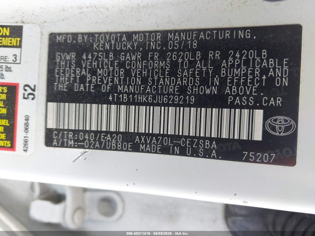Продаж на аукціоні авто 2018 Toyota Camry Se, vin: 4T1B11HK6JU629219, номер лоту: 45311419