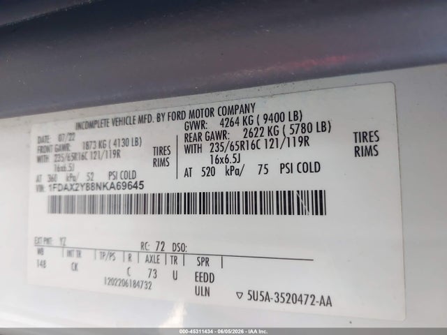 45311434 :رقم المزاد ، 1FDAX2Y88NKA69645 vin ، 2022 Ford Transit-350 Passenger Van Xlt مزاد بيع