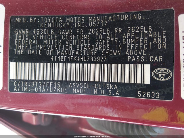 2017 Toyota Camry Se მანქანა იყიდება აუქციონზე, vin: 4T1BF1FK4HU783927, აუქციონის ნომერი: 45311443