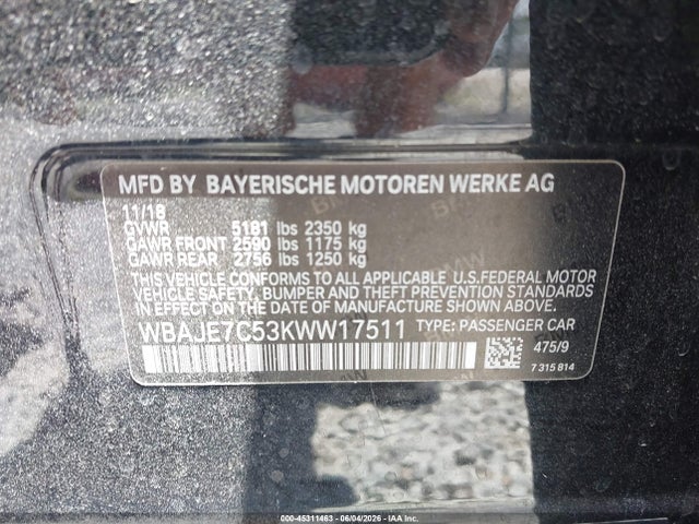 2019 Bmw 540i Xdrive მანქანა იყიდება აუქციონზე, vin: WBAJE7C53KWW17511, აუქციონის ნომერი: 45311463