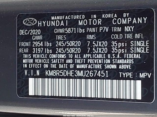 2021 Hyundai Palisade Limited მანქანა იყიდება აუქციონზე, vin: KM8R5DHE3MU267451, აუქციონის ნომერი: 45311488