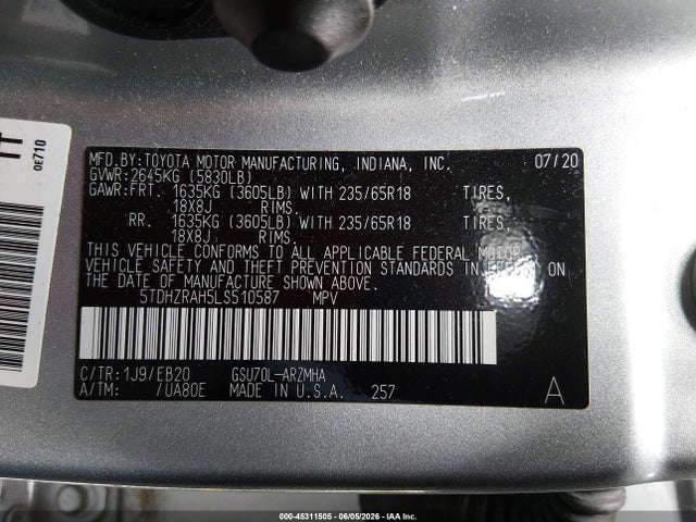 Продаж на аукціоні авто 2020 Toyota Highlander Xle, vin: 5TDHZRAH5LS510587, номер лоту: 45311505