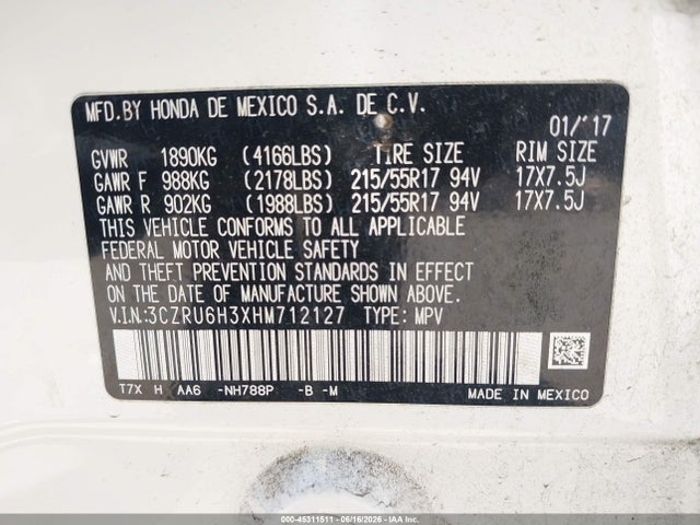 Aukcja sprzedaży 2017 Honda Hr-v Lx, vin: 3CZRU6H3XHM712127, numer aukcji: 45311511
