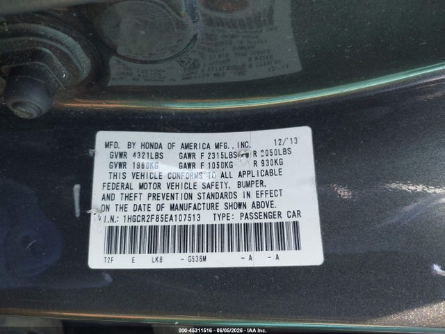 Aukcja sprzedaży 2014 Honda Accord Ex-l, vin: 1HGCR2F85EA107513, numer aukcji: 45311516