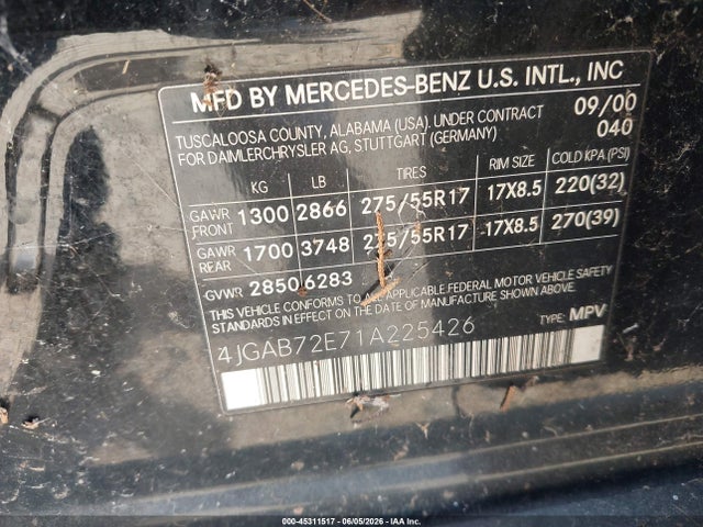 Продаж на аукціоні авто 2001 Mercedes-benz Ml 430, vin: 4JGAB72E71A225426, номер лоту: 45311517