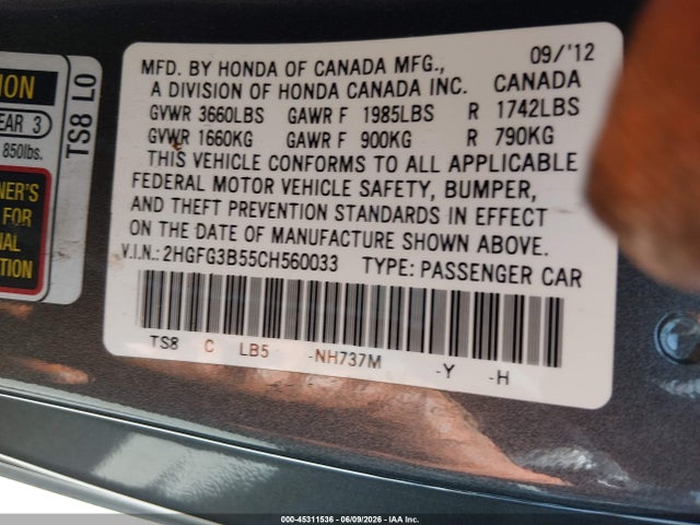 Продажа на аукционе авто 2012 Honda Civic Lx, vin: 2HGFG3B55CH560033, номер лота: 45311536