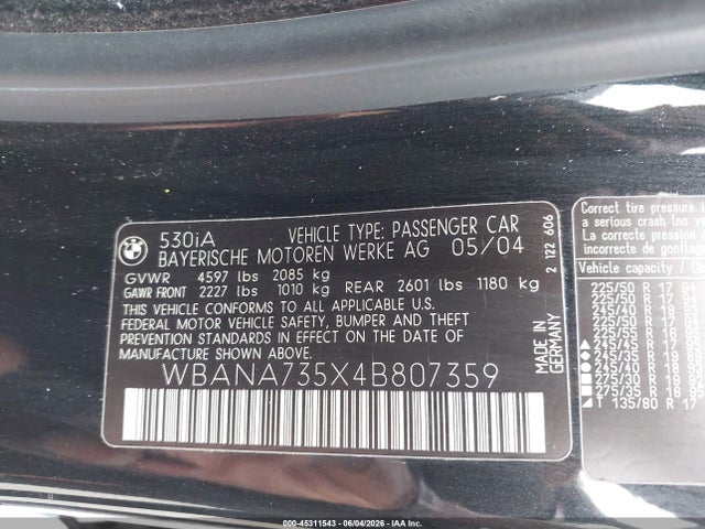 Aukcja sprzedaży 2004 Bmw 530i, vin: WBANA735X4B807359, numer aukcji: 45311543