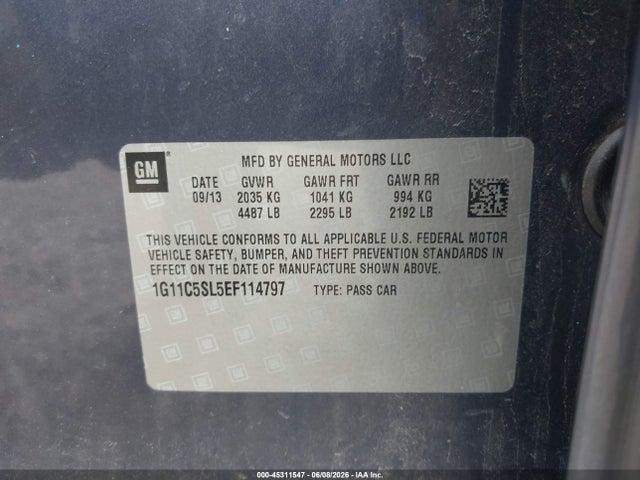 Продаж на аукціоні авто 2014 Chevrolet Malibu 1lt, vin: 1G11C5SL5EF114797, номер лоту: 45311547