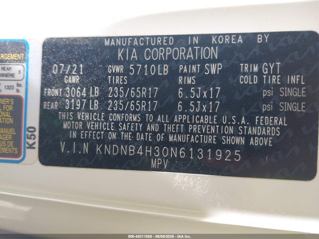KNDNB4H30N6131925 KIA Carnival Mpv Lx Seat Package
