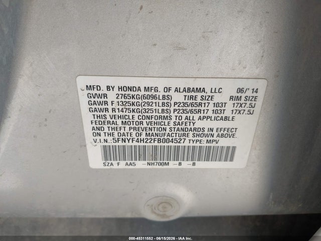 Honda PILOT LX 2015 5FNYF4H22FB004527 Image 9