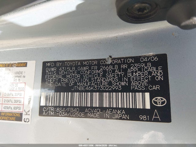 2007 Toyota Camry Le მანქანა იყიდება აუქციონზე, vin: JTNBE46K373022993, აუქციონის ნომერი: 45311556