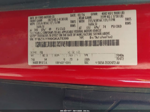 Aukcja sprzedaży 2016 Ford Transit-350 Xl, vin: 1FBZX2YM0GKA75399, numer aukcji: 45311577