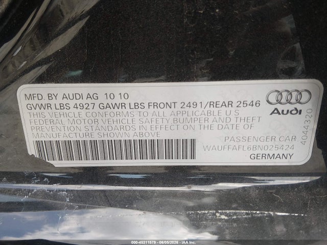 2011 Audi A4 2.0t Premium მანქანა იყიდება აუქციონზე, vin: WAUFFAFL6BN025424, აუქციონის ნომერი: 45311579
