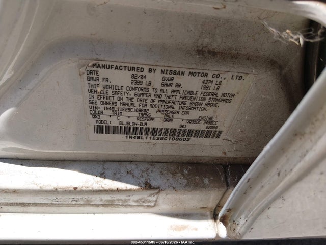 Aukcja sprzedaży 2005 Nissan Altima 3.5 Sl, vin: 1N4BL11E25C108602, numer aukcji: 45311585