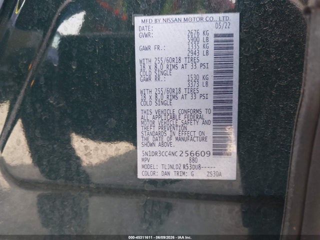 Nissan Pathfinder Sl 4wd 2022 5N1DR3CC4NC256609 Image 9