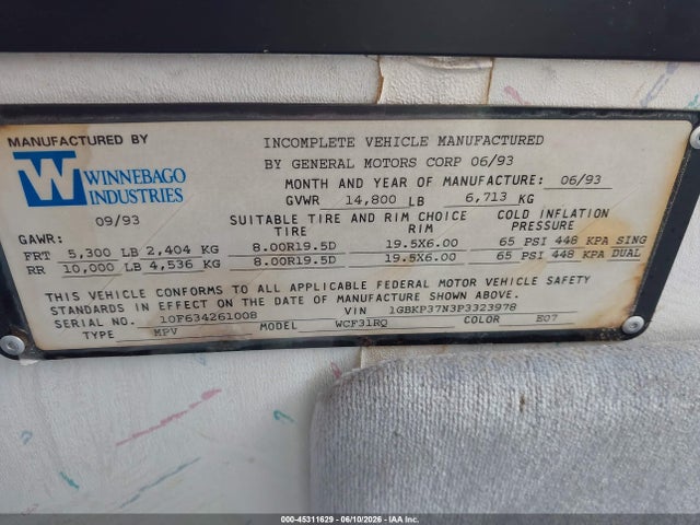 Auction sale of the 1993 Chevrolet P30, vin: 1GBKP37N3P3323978, lot number: 45311629