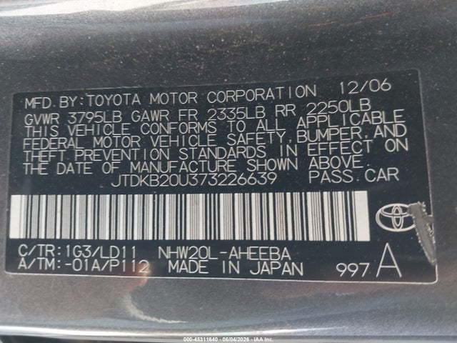 Aukcja sprzedaży 2007 Toyota Prius, vin: JTDKB20U373226639, numer aukcji: 45311640