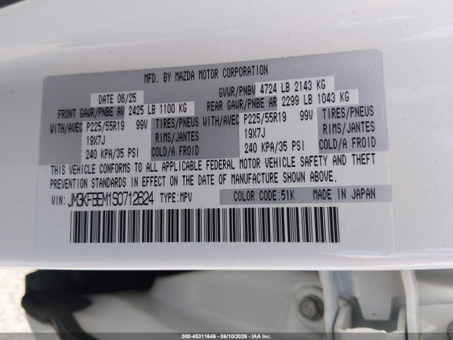 2025 Mazda Cx-5 2.5 S Premium Plus მანქანა იყიდება აუქციონზე, vin: JM3KFBEM1S0712624, აუქციონის ნომერი: 45311646